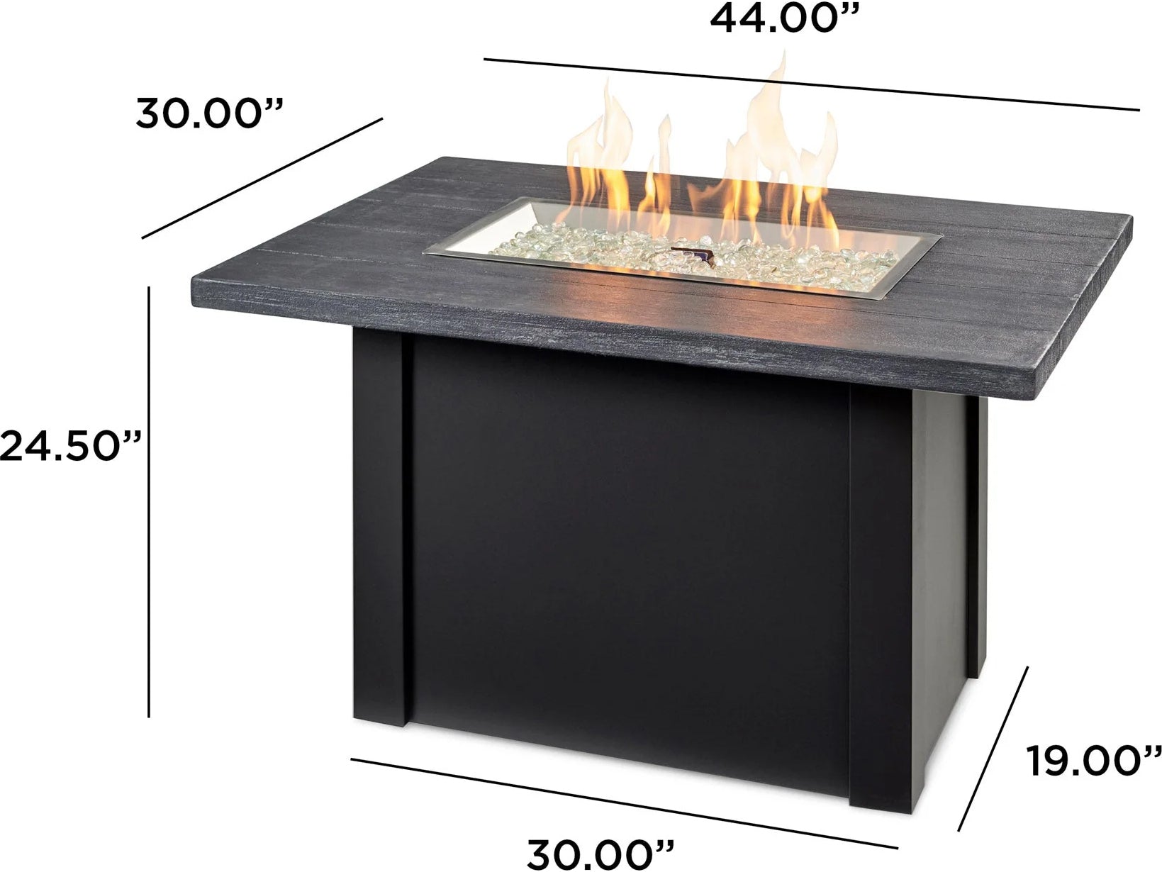 Outdoor Greatroom - 44’‘W x 30’'D - Havenwood Steel Luverne Black Rectangular Carbon Grey Everblend Top Gas Fire Pit Table