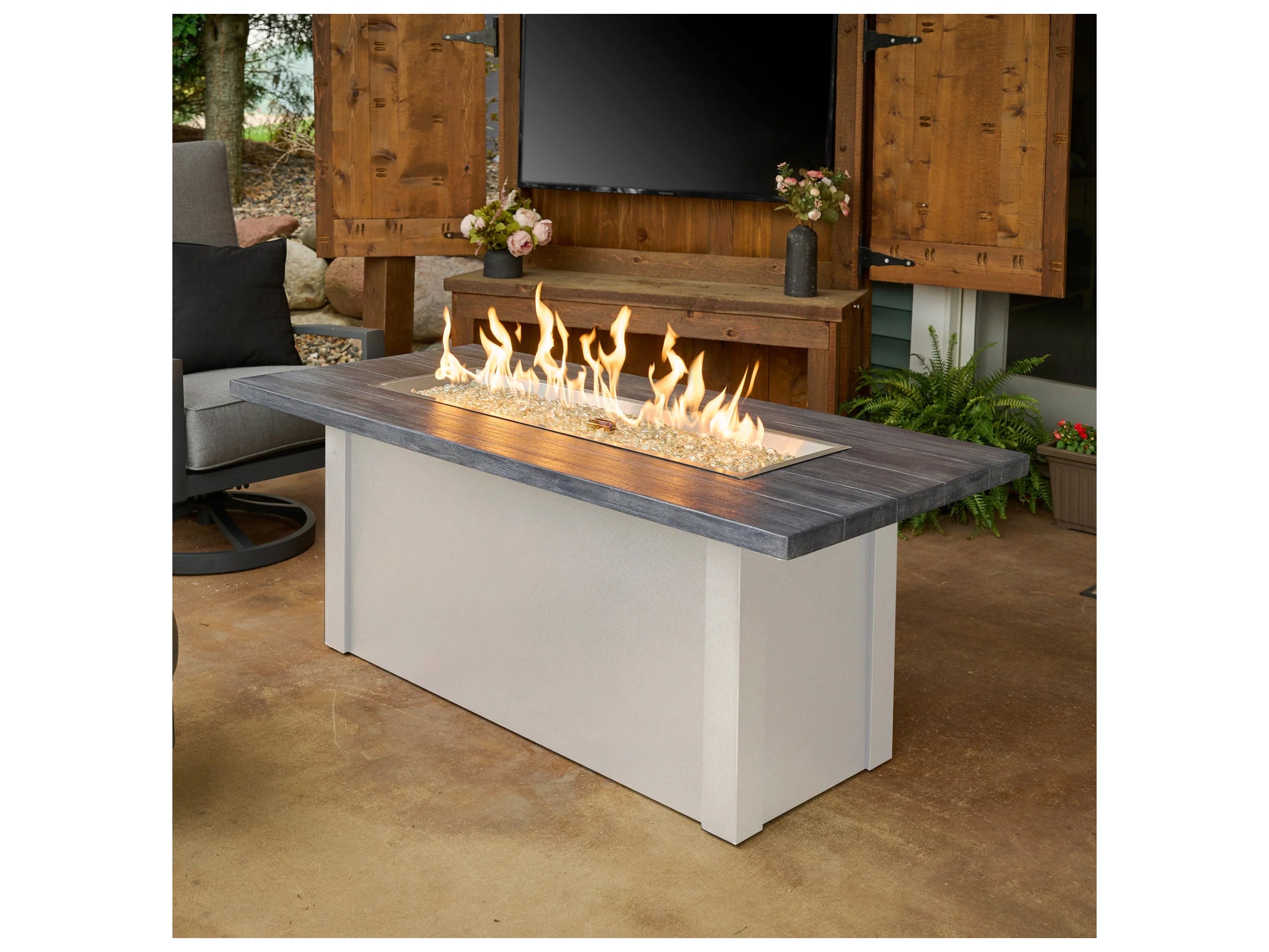Outdoor Greatroom - 62’‘W x 30’'D - Havenwood Steel White Rectangular Carbon Grey Everblend Top Gas Fire Pit Table