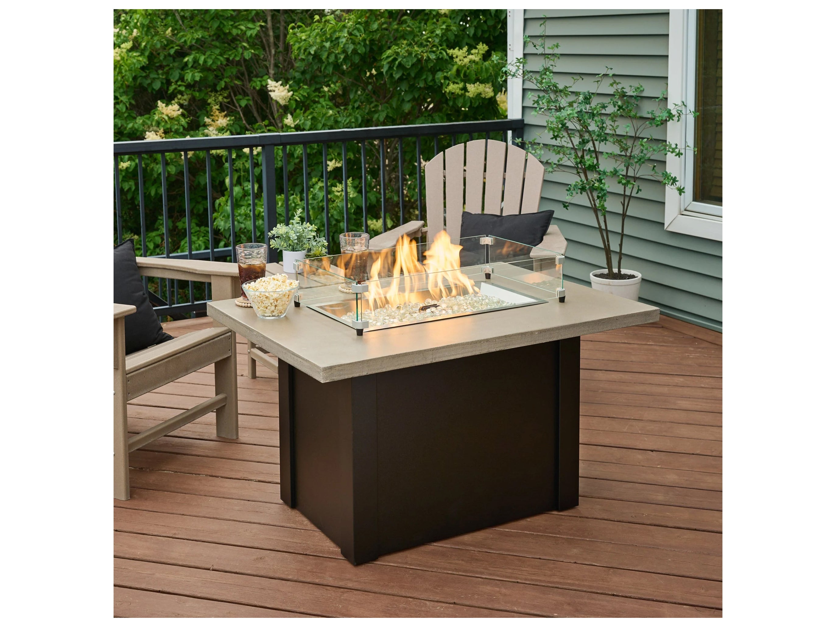 Outdoor Greatroom - 44’‘W x 30’'D - Havenwood Steel Luverne Black Rectangular Pebble Grey Everblend Top Gas Fire Pit Table