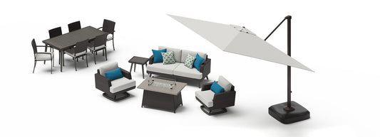 RST Brands - Portofino® Casual 13 Piece Sunbrella® Outdoor Patio Motion Seating & Dining Set With Fire Table & Umbrella | OP-PEEST13MFT-PORV