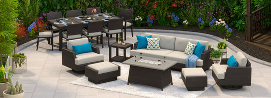 RST Brands - Portofino® Comfort 17 Piece Sunbrella® Outdoor Patio Motion Seating & Dining Set With Fire Table | OP-PSEST17MFT-PORIII