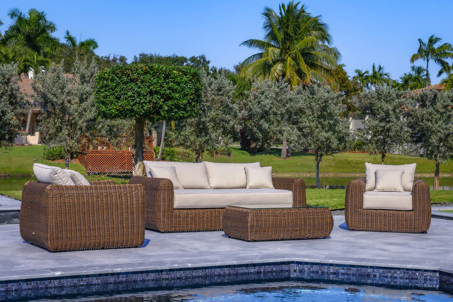 OUTSY - Milo Lux 4-Piece Outdoor and Backyard Extra Deep Seating Wicker Aluminum Frame Furniture Set with Wicker Coffee Table in Brown - 0AMI-R02-BR-R-LUX