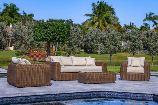 OUTSY - Milo Lux 4-Piece Outdoor and Backyard Extra Deep Seating Wicker Aluminum Frame Furniture Set with Wicker Coffee Table in Brown - 0AMI-R02-BR-R-LUX