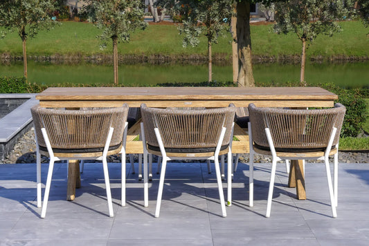 OUTSY - Santino + Melina 7-Piece Outdoor Dining Set - Wood Dining Table and 6 Rope Backing Chairs with White Legs - 0ASAN-MEL-DIN-SET-WH