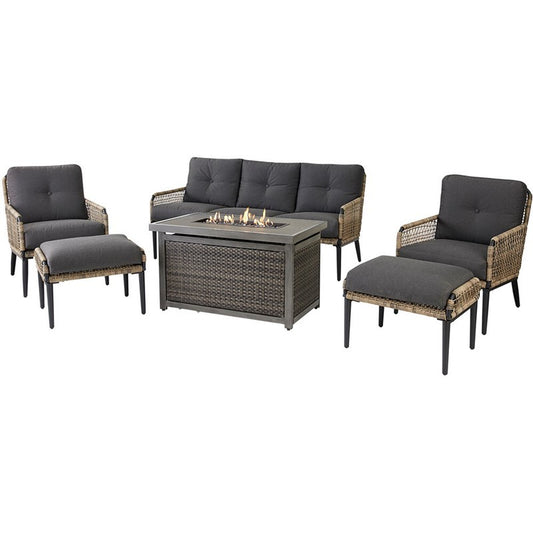 Mod Furniture - Pasadena 6-Piece Wicker Outdoor Patio Conversation Set with Gray Cushions, Ottomans and Firepit | PAS6PCFP-CHR
