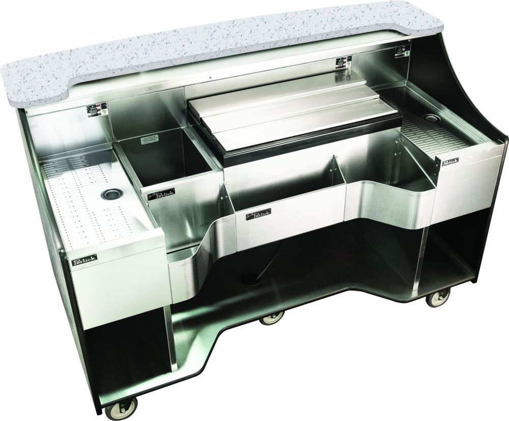 Perlick - 70” Tobin Ellis Signature Series Mobile Bar: two drainboards, bottle well, ice chest, and bottle rail - RMB-003