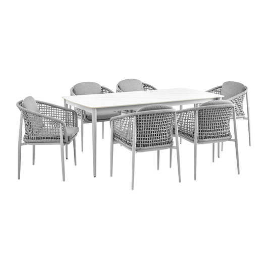 Armen Living - Rhodes Outdoor 7 Piece Dining Set in Aluminum, Sintered Stone & Gray Fabric- SETODRH7GRY