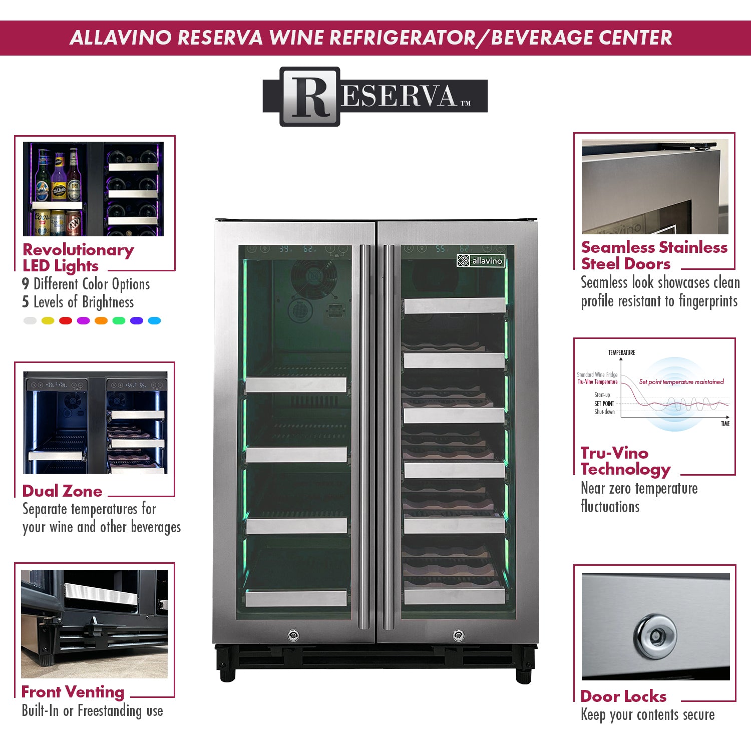 Allavino Reserva Series 24" Wide Two Door Stainless Steel Wine Refrigerator/Beverage Center