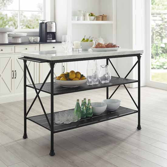 Crosley Furniture - Madeleine French Industrial Kitchen Island in Matte Black with White Faux Marble Table Top, 53-1/4" W x 24" D x 36" H