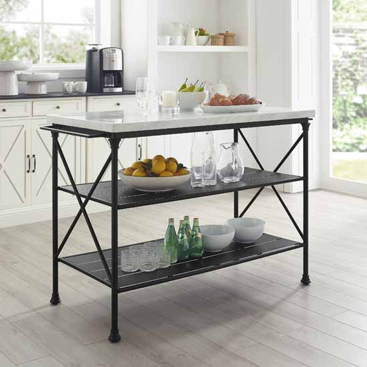 Crosley Furniture - Madeleine French Industrial Kitchen Island in Matte Black with White Faux Marble Table Top, 53-1/4" W x 24" D x 36" H