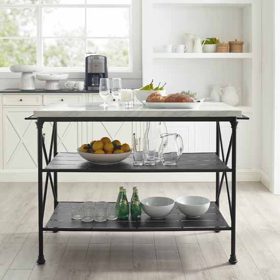 Crosley Furniture - Madeleine French Industrial Kitchen Island in Matte Black with White Faux Marble Table Top, 53-1/4" W x 24" D x 36" H