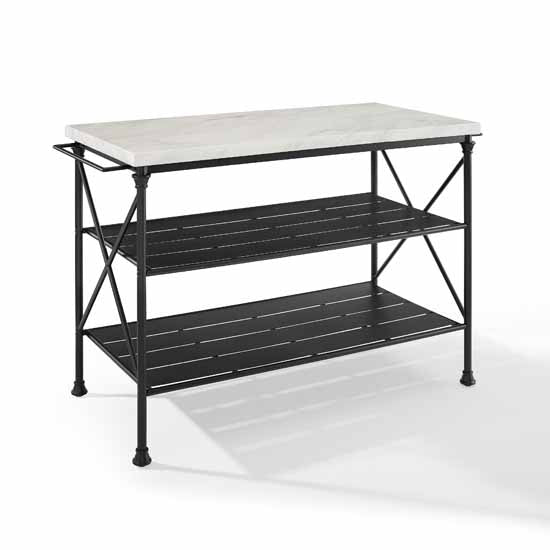 Crosley Furniture - Madeleine French Industrial Kitchen Island in Matte Black with White Faux Marble Table Top, 53-1/4" W x 24" D x 36" H