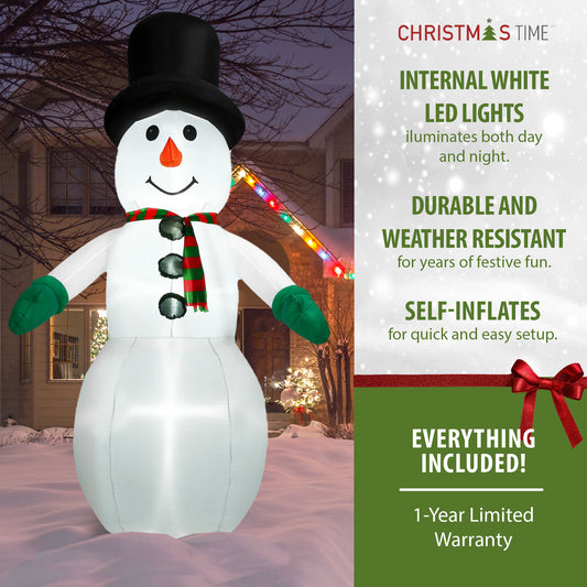 Christmas Time - 10-Ft. Pre-Lit Inflatable Snowman Outdoor Christmas Decoration - White