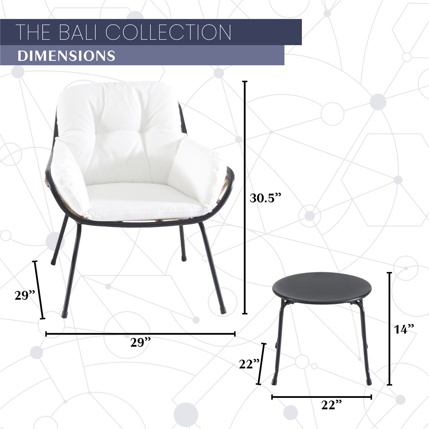 Mod Furniture - Bali 3-Piece Wicker Patio Conversation Set with White Cushions | BALI3PC-WHT