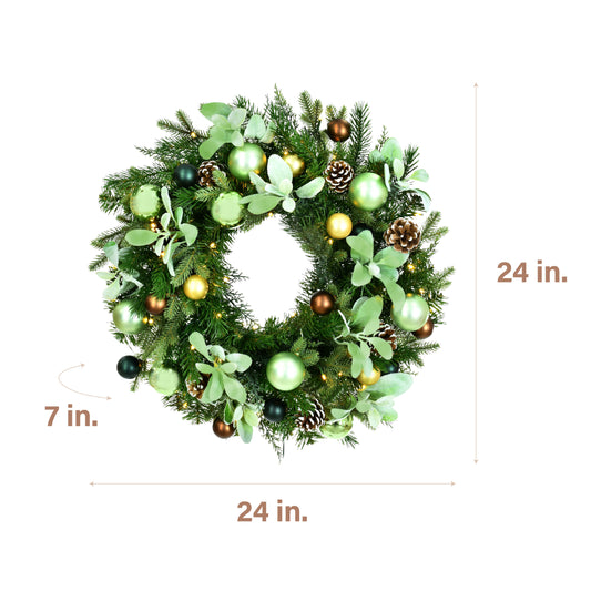 Fraser Hill Farm - 24-In. Prelit Wreath with Pinecones and Metal Ornaments