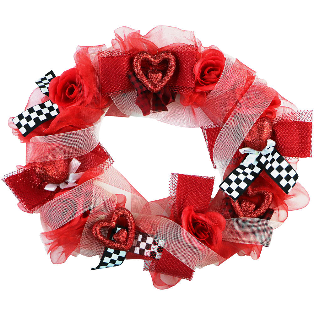 Fraser Hill Farm - 20-In. Valentine's Day Ribbon Wreath with Roses, Bows, and Glitter Hearts, Festive Hanging Door or Wall Decoration - Red