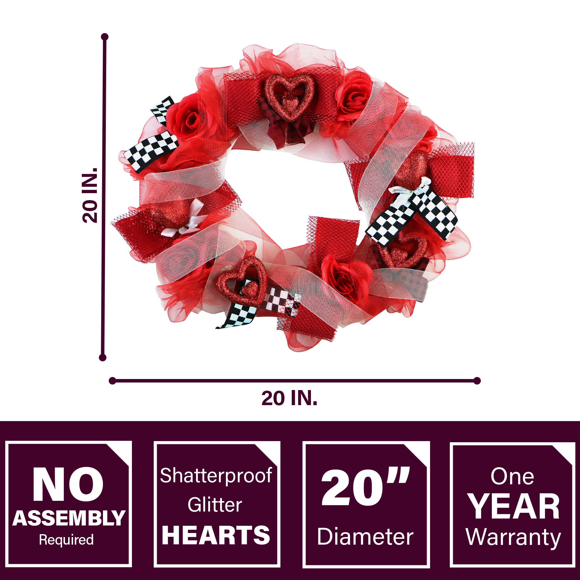 Fraser Hill Farm - 20-In. Valentine's Day Ribbon Wreath with Roses, Bows, and Glitter Hearts, Festive Hanging Door or Wall Decoration - Red