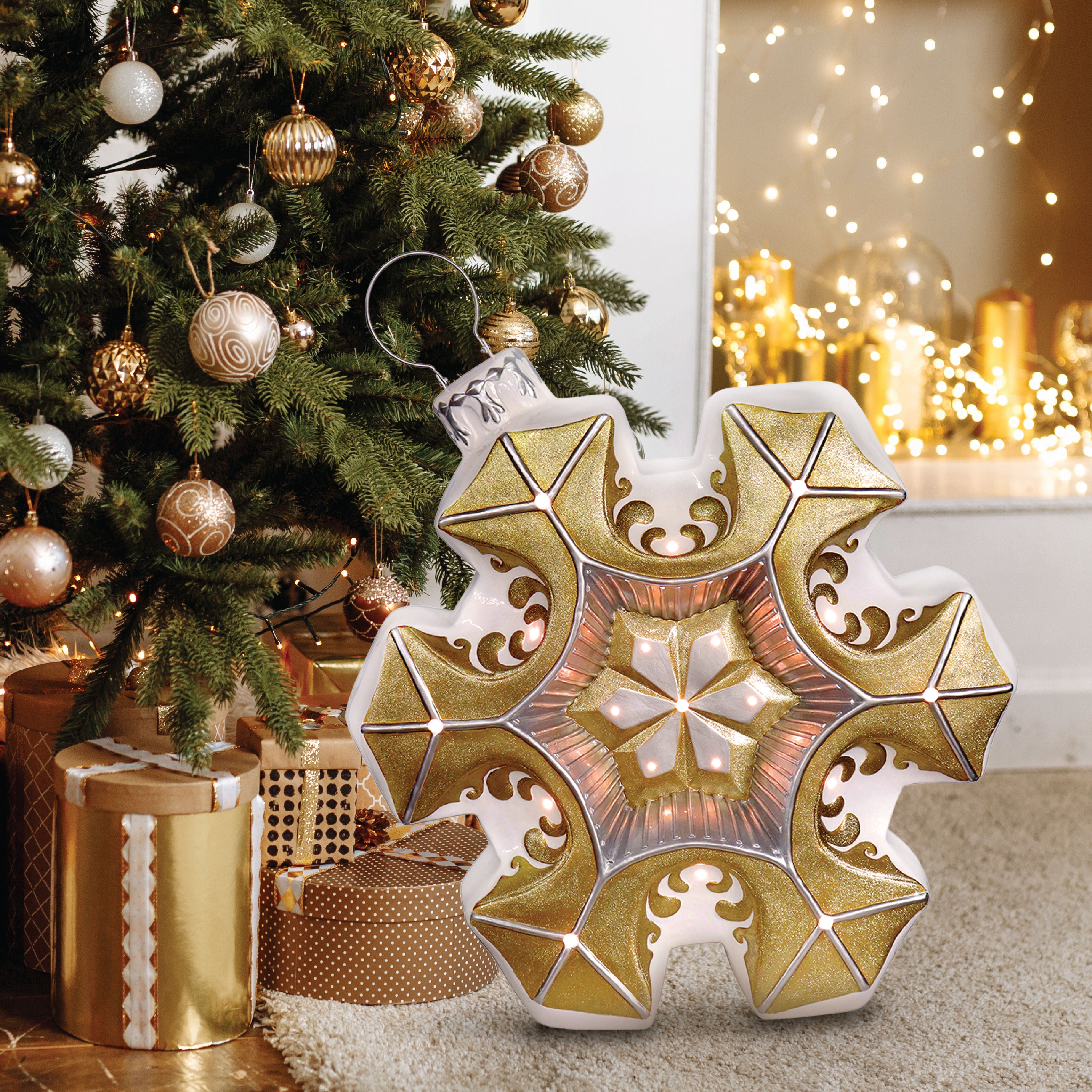 Fraser Hill Farm - 36-in. Vintage Snowflake Ornament Statue with LED Lights - White, Gold