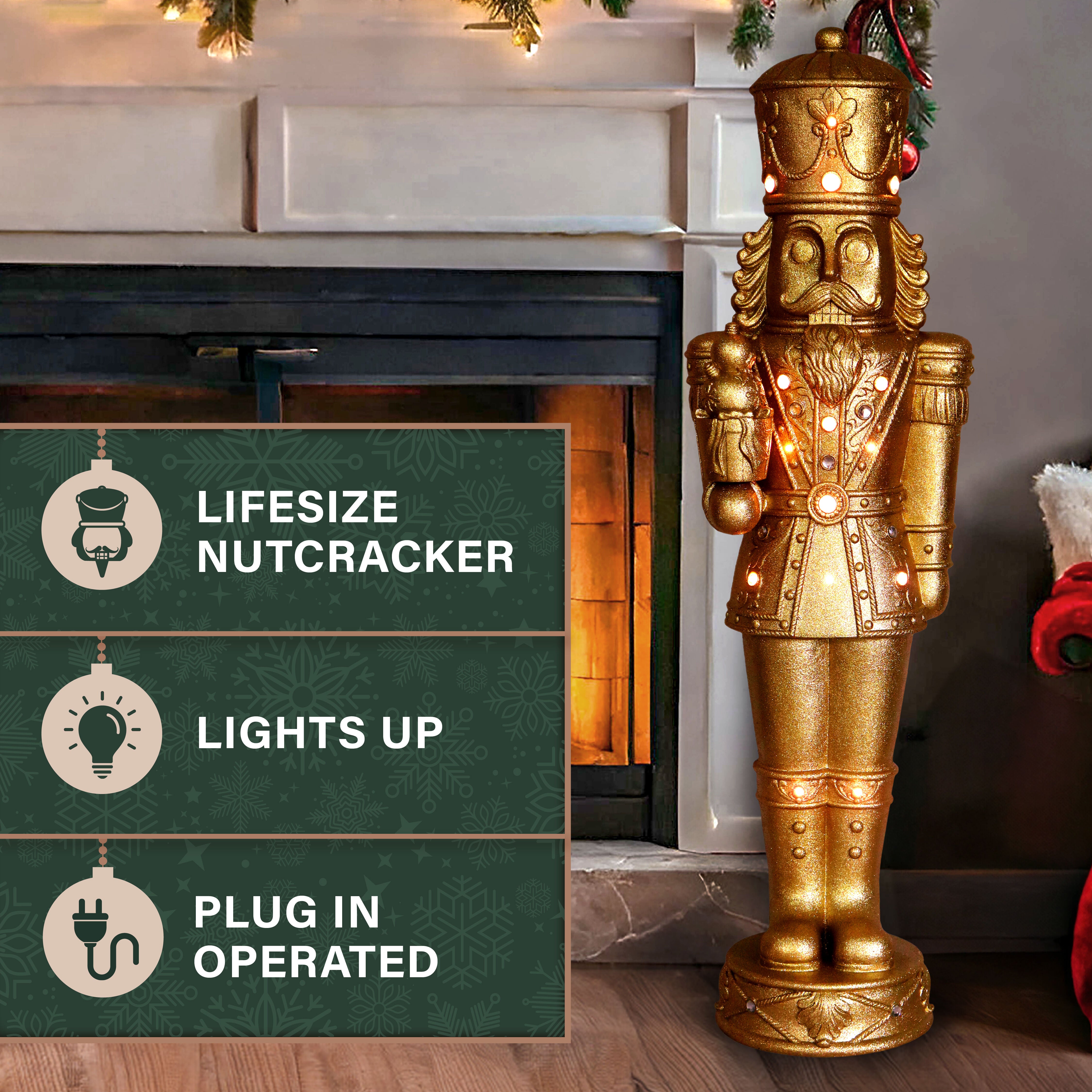 Fraser Hill Farm - 4-Ft. Metallic Gold Nutcracker Statue with LED Lights - Gold