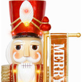 Fraser Hill Farm - 4-Ft. Metallic Nutcracker Holding Banner Statue with LED Lights - Multi