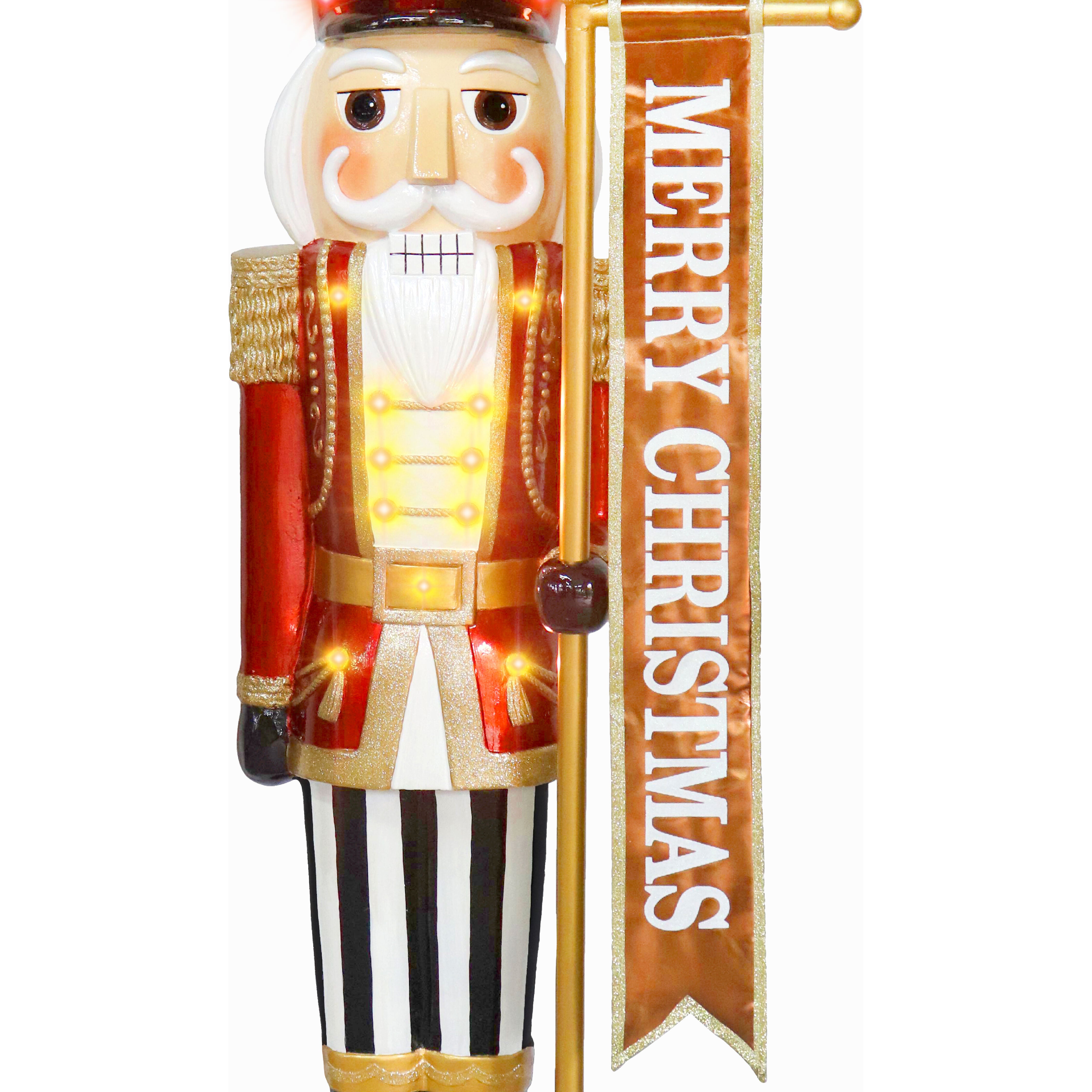 Fraser Hill Farm - 4-Ft. Metallic Nutcracker Holding Banner Statue with LED Lights - Multi