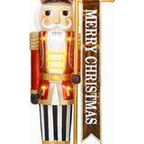 Fraser Hill Farm - 4-Ft. Metallic Nutcracker Holding Banner Statue with LED Lights - Multi