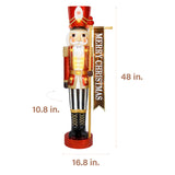 Fraser Hill Farm - 4-Ft. Metallic Nutcracker Holding Banner Statue with LED Lights - Multi