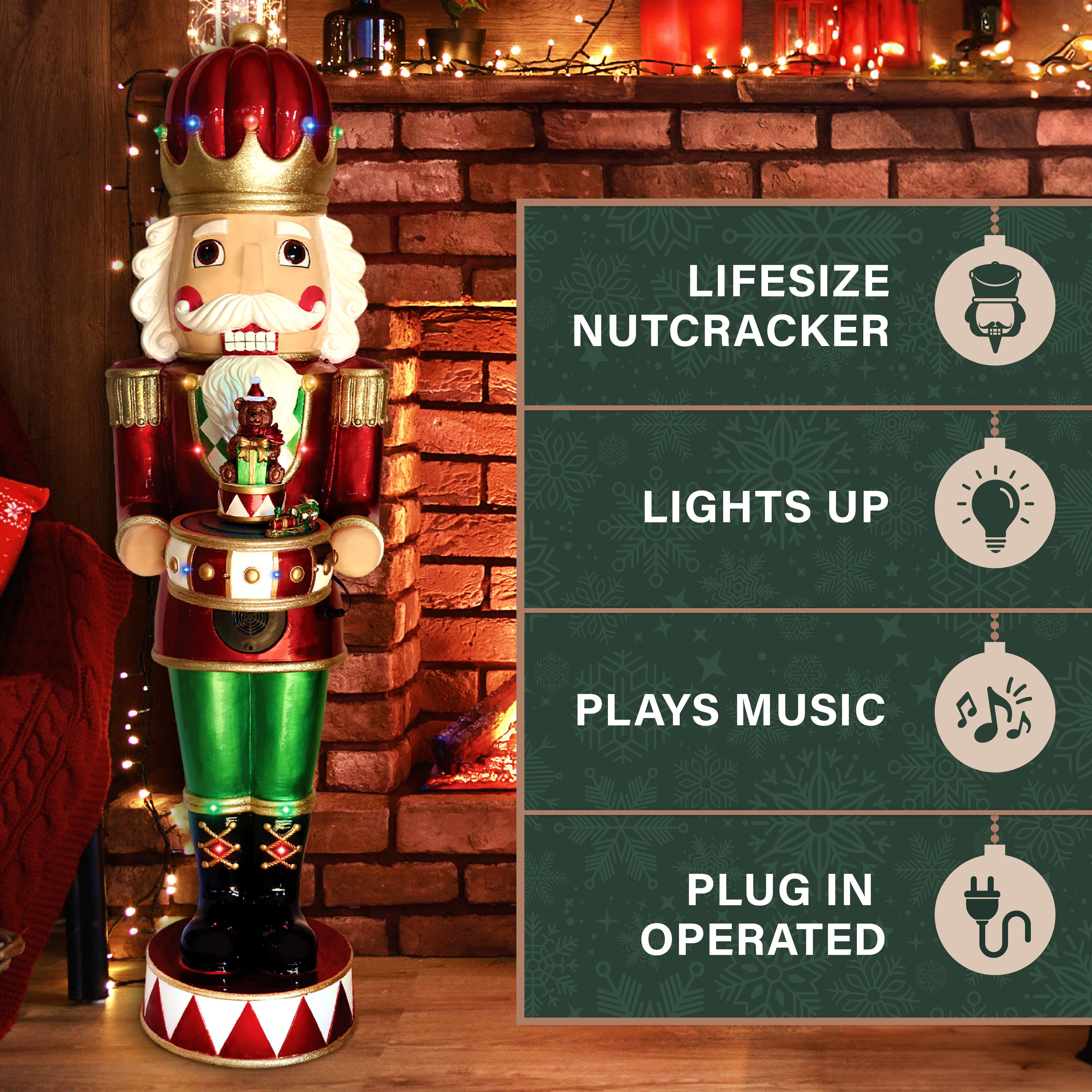 Fraser Hill Farm - 4-Ft. Metallic Nutcracker Statue with LED Lights and Music - Multi