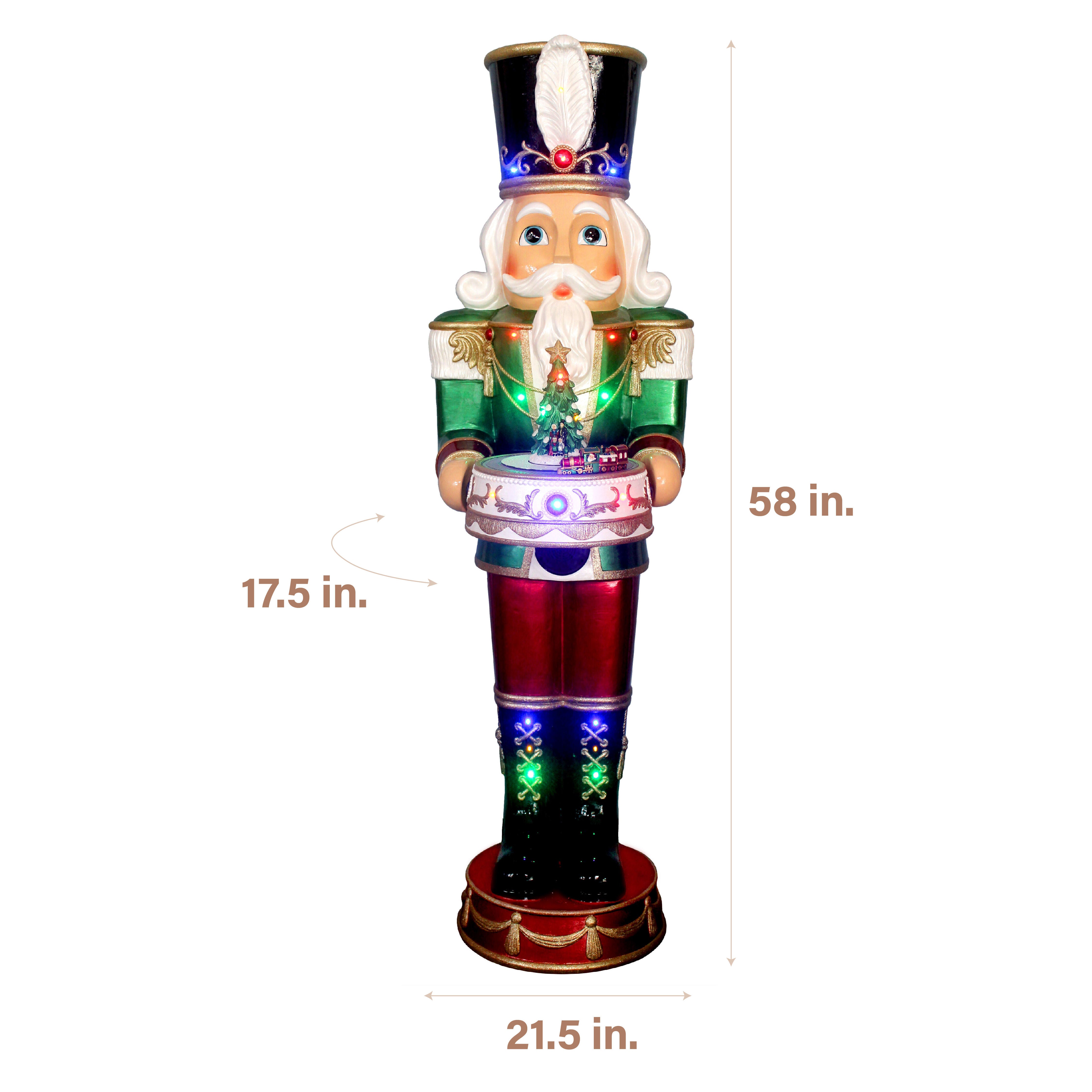 Fraser Hill Farm - 4.8-Ft. Metallic Nutcracker Statue with LED Lights and Music - Green, Multi