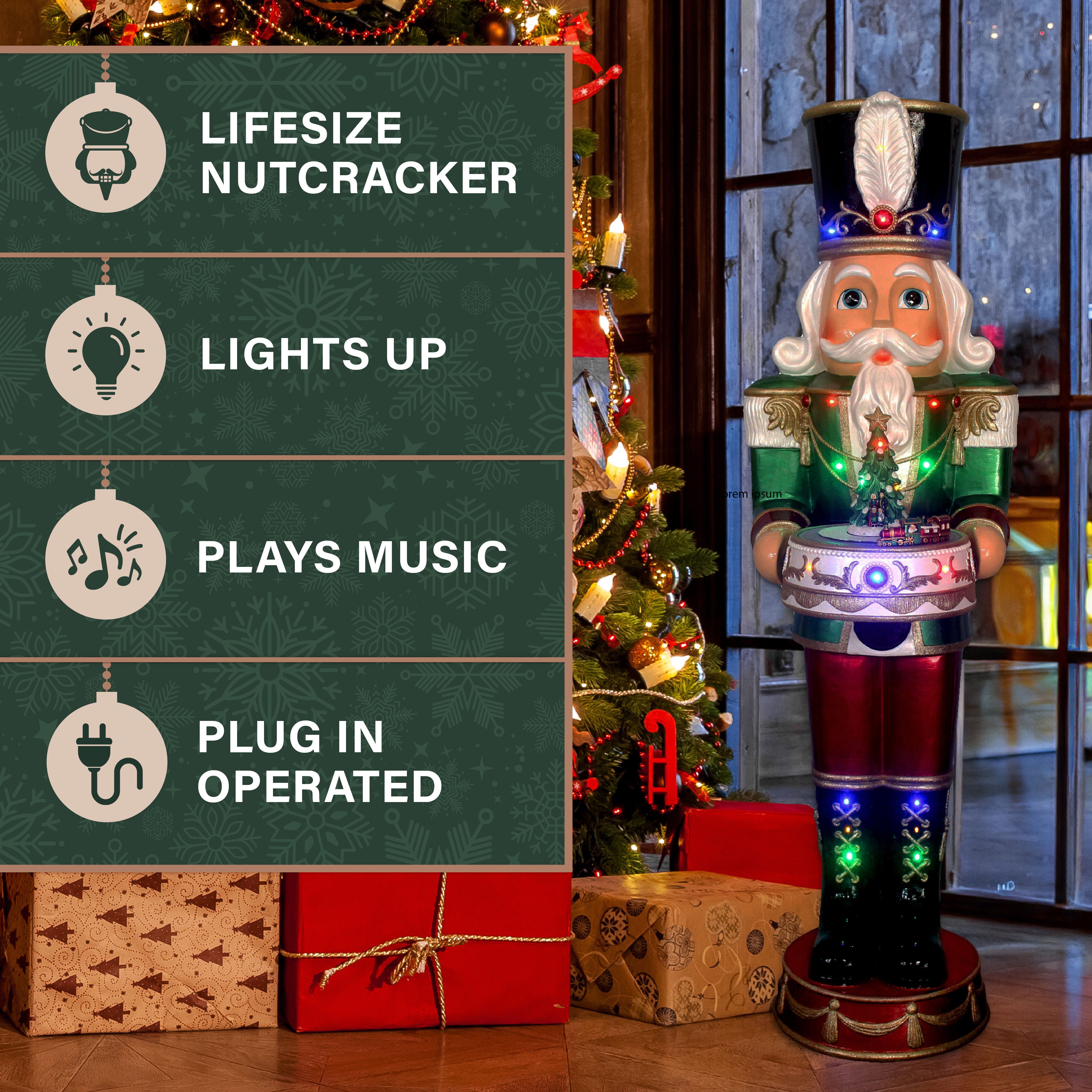 Fraser Hill Farm - 4.8-Ft. Metallic Nutcracker Statue with LED Lights and Music - Green, Multi