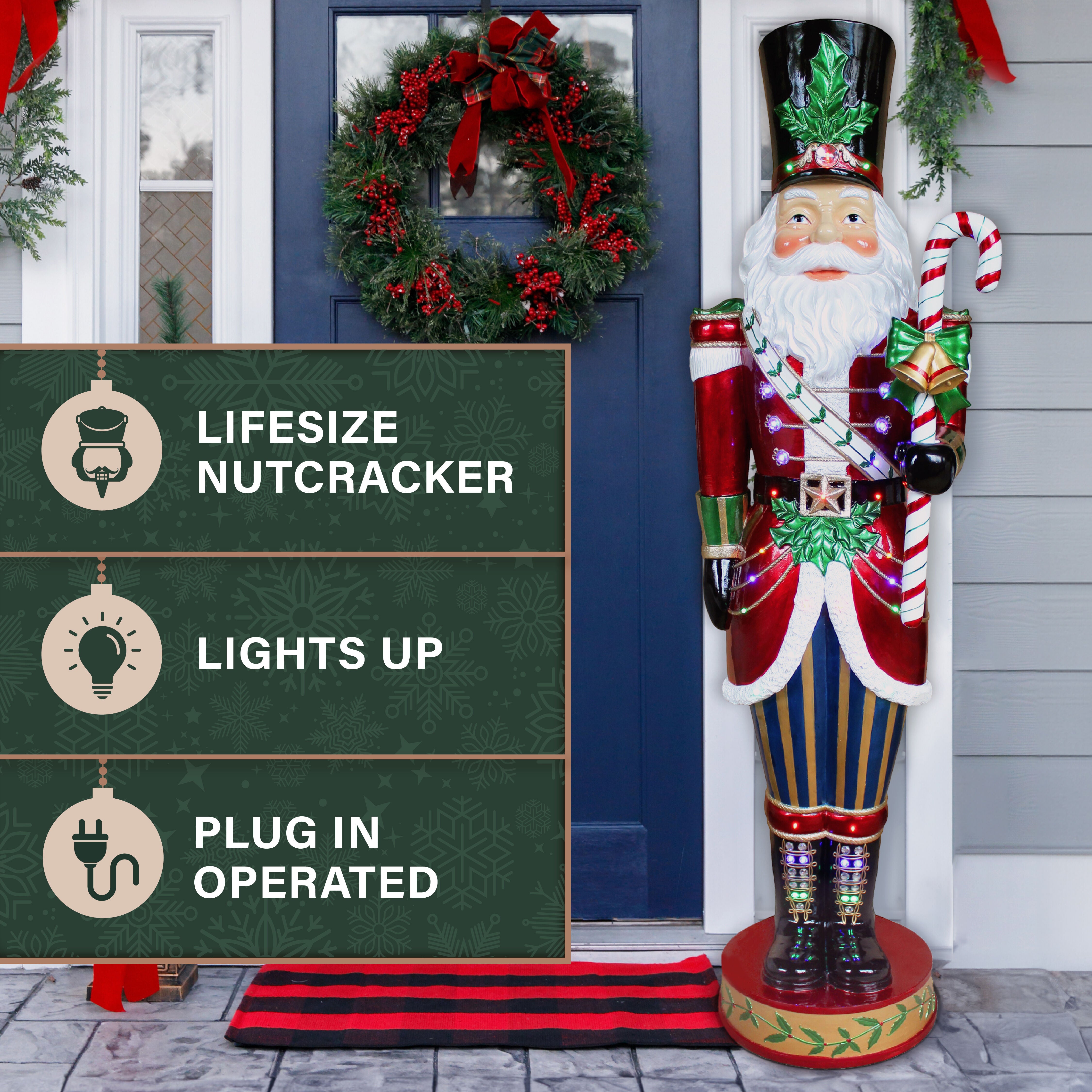 Fraser Hill Farm - 6-Ft. Metallic Santa Nutcracker Statue with LED Lights - Red, Multi