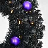 Haunted Hill Farm - 24-In. Spooky Black Tinsel Wreath with Purple Ornaments and Warm White LED Lights, Battery Operated - Black, Purple