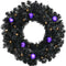 Haunted Hill Farm - 24-In. Spooky Black Tinsel Wreath with Purple Ornaments and Warm White LED Lights, Battery Operated - Black, Purple