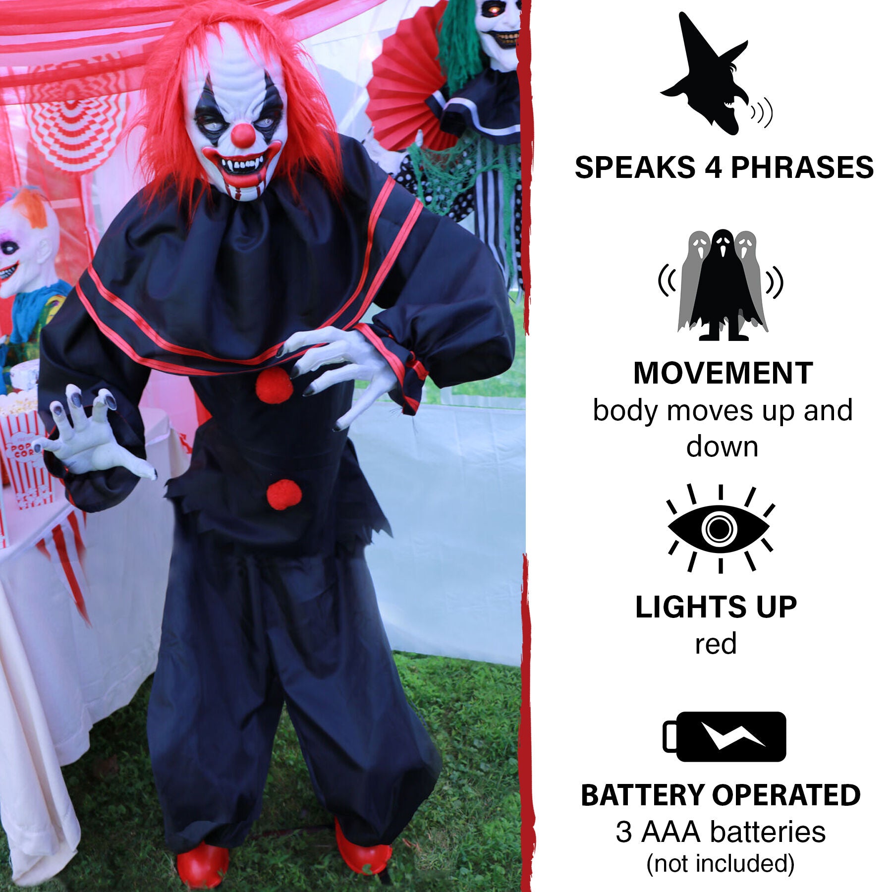 Haunted Hill Farm - Life-Size Animatronic Clown with Lights and Sound, Indoor/Covered Outdoor Halloween Decoration - Multi