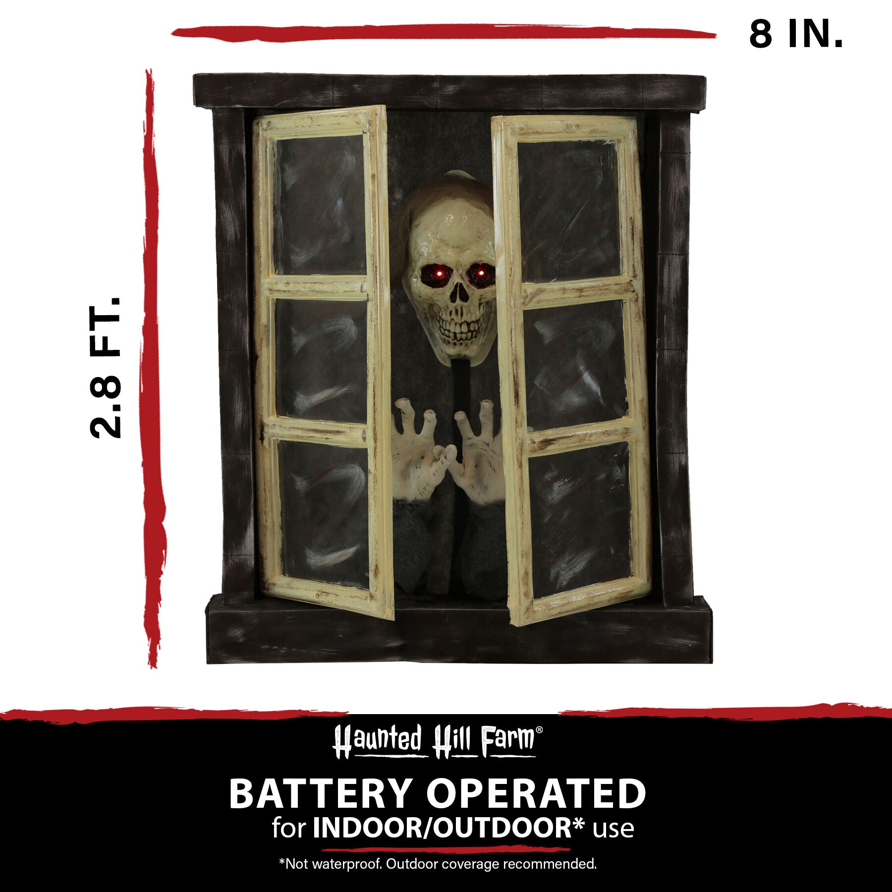 Haunted Hill Farm - 2.8-ft. Animated Window with Skeleton, Indoor/Covered Outdoor Halloween Decoration, Flashing Red Eyes, Battery-Operated - Multi