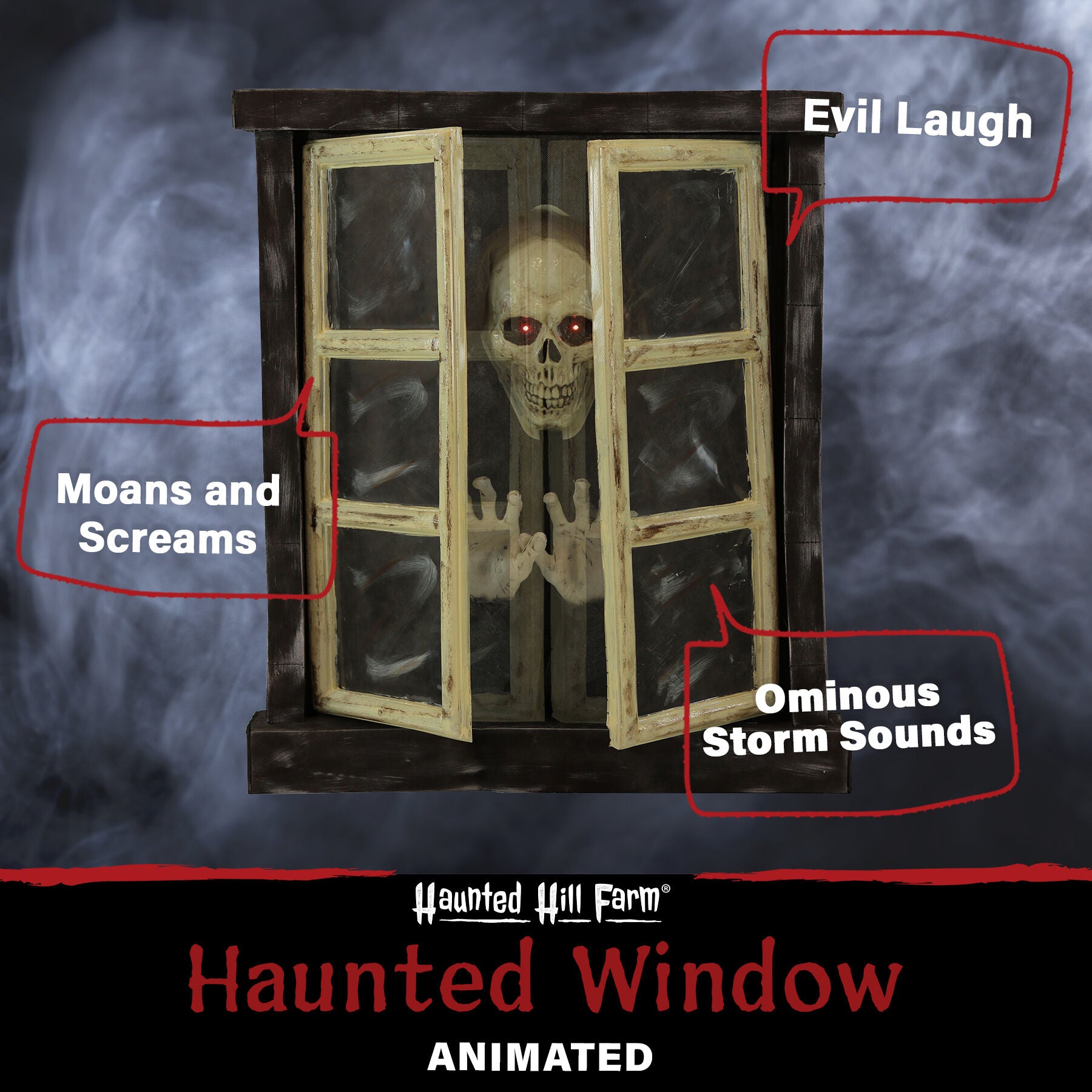 Haunted Hill Farm - 2.8-ft. Animated Window with Skeleton, Indoor/Covered Outdoor Halloween Decoration, Flashing Red Eyes, Battery-Operated - Multi