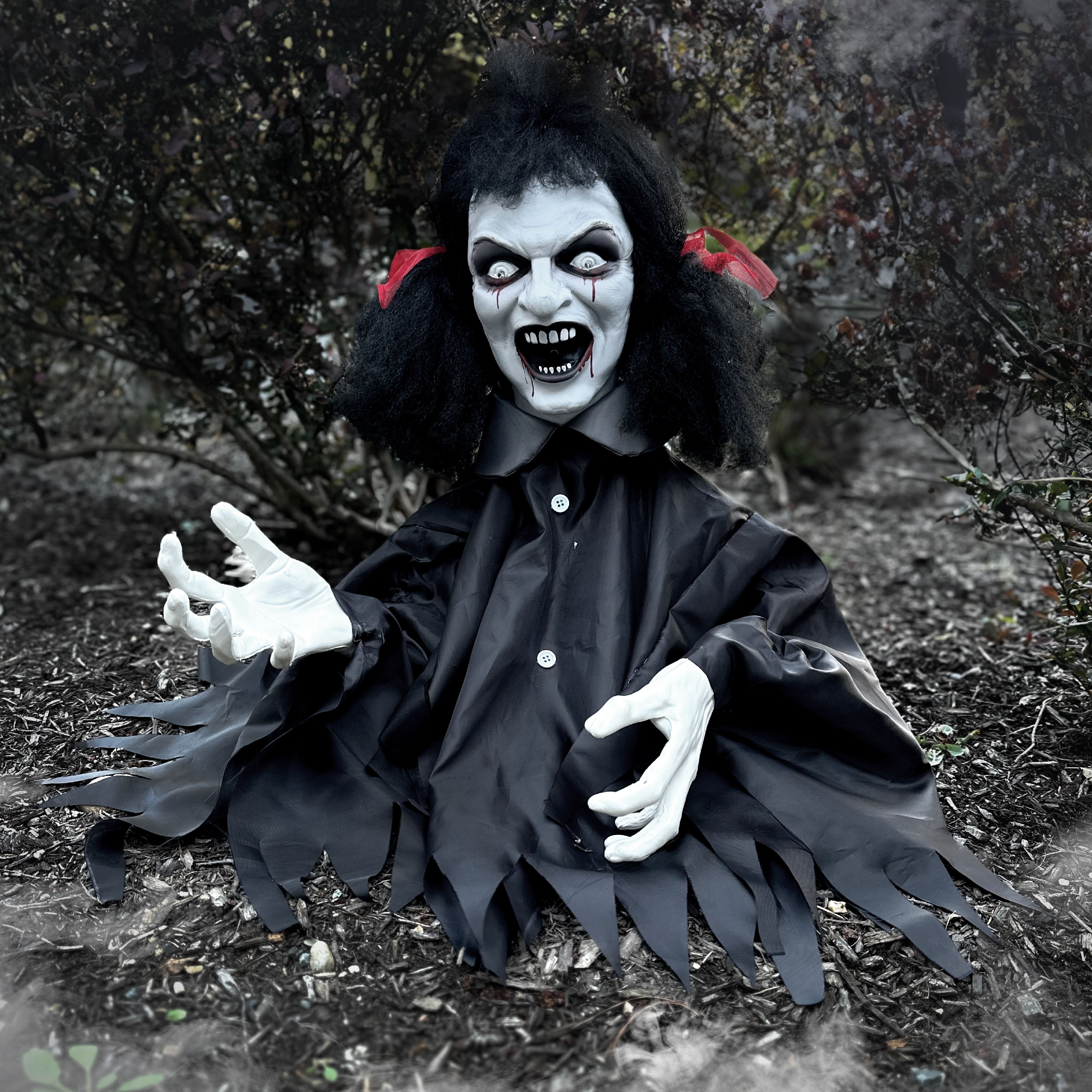 Haunted Hill Farm - Hanging Animatronic Demon Girl or Groundbreaker with Lights and Sound, Indoor/Covered Outdoor Halloween Decoration - Multi