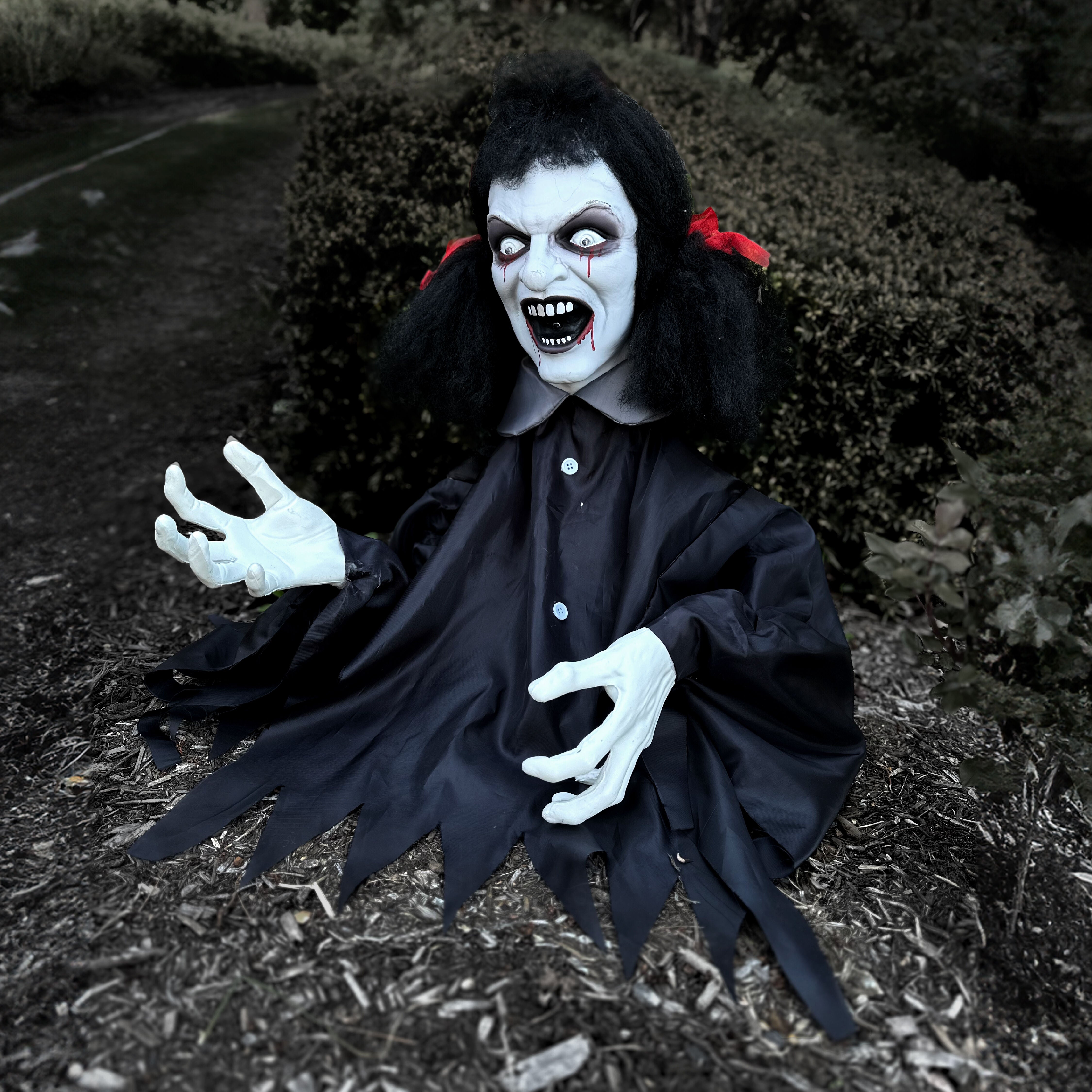 Haunted Hill Farm - Hanging Animatronic Demon Girl or Groundbreaker with Lights and Sound, Indoor/Covered Outdoor Halloween Decoration - Multi