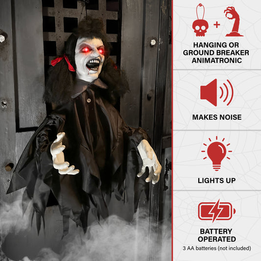 Haunted Hill Farm - Hanging Animatronic Demon Girl or Groundbreaker with Lights and Sound, Indoor/Covered Outdoor Halloween Decoration - Multi