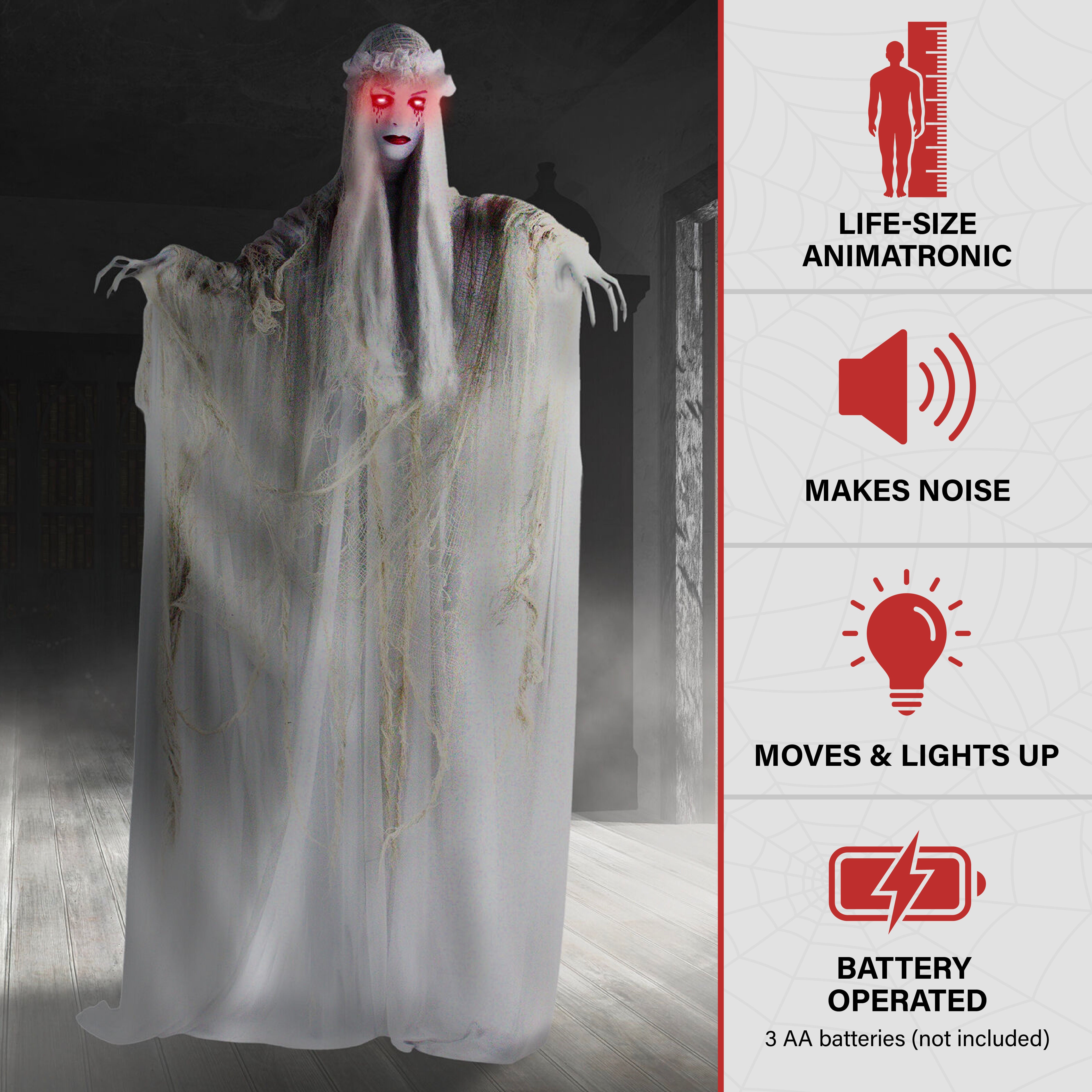 Haunted Hill Farm - Life-Size Animatronic Ghost Bride with Lights and Sound, Indoor or Covered Outdoor Halloween Decoration - Multi