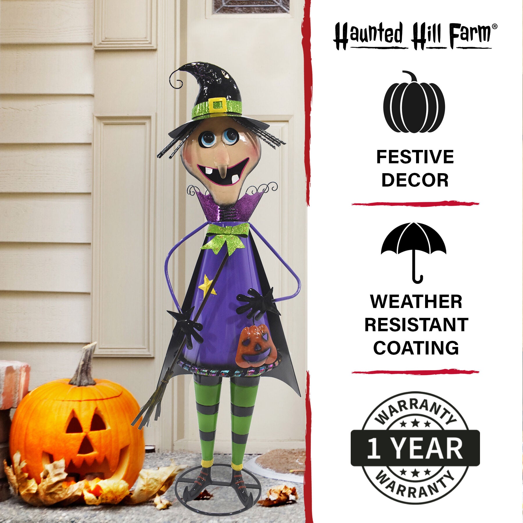 Haunted Hill Farm - 42-In. Iron Witch Holding a Jack-O-Lantern with Removable Yard Stake for Indoor or Outdoor Halloween Decoration - Multi