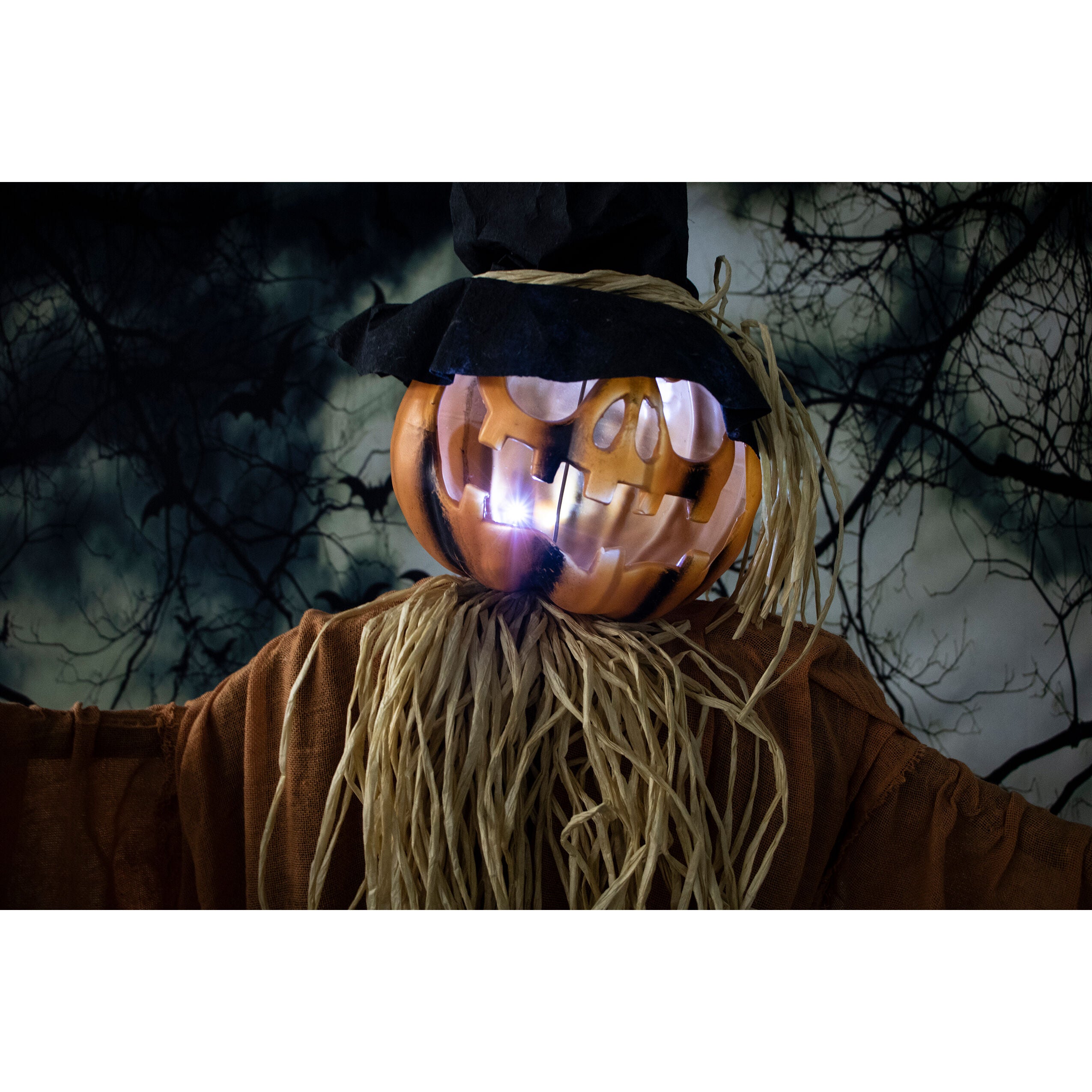 Haunted Hill Farm - Life-Size Animatronic Pumpkin Scarecrow with Lights and Sound, Indoor or Covered Outdoor Halloween Decoration - Orange