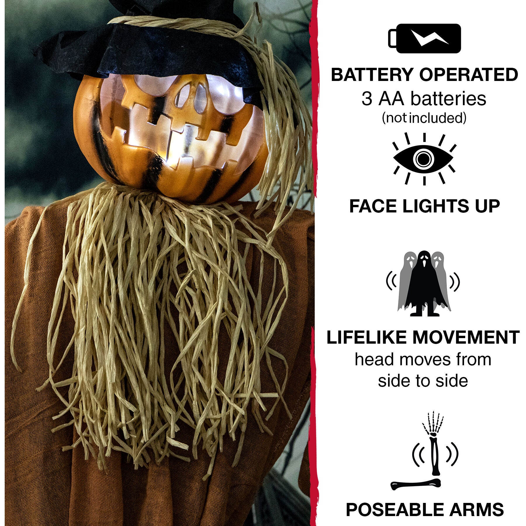 Haunted Hill Farm - Life-Size Animatronic Pumpkin Scarecrow with Lights and Sound, Indoor or Covered Outdoor Halloween Decoration - Orange