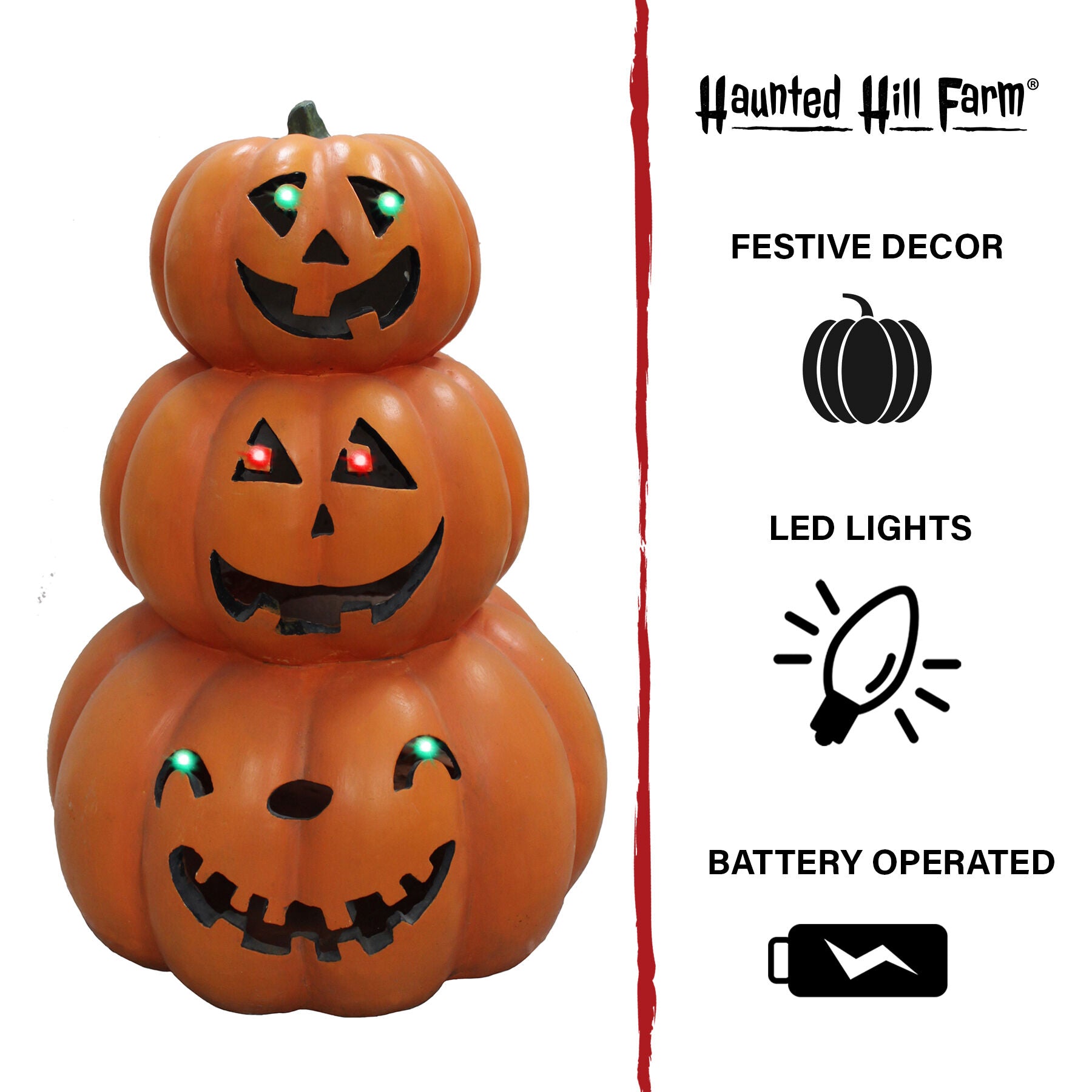 Haunted Hill Farm - 20-In. 3-Stack Jack-O-Lantern Resin with LED Lights, Indoor or Covered Outdoor Halloween Decoration, Battery-Operated - Orange