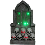 Haunted Hill Farm - 2-Ft. RIP Tombstone with Skulls Prelit LED Resin Figurine, Indoor or Covered Outdoor Halloween Decoration, Plug-in - Gray