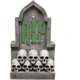 Haunted Hill Farm - 2-Ft. RIP Tombstone with Skulls Prelit LED Resin Figurine, Indoor or Covered Outdoor Halloween Decoration, Plug-in - Gray