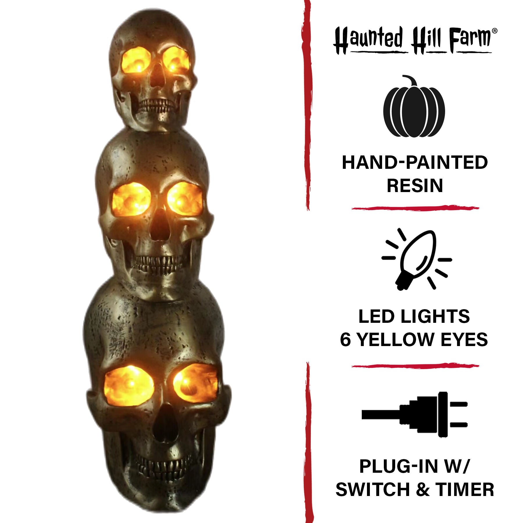 Haunted Hill Farm - 3-Ft. Golden Skull Stack Prelit LED Resin Figurine, Indoor or Covered Outdoor Halloween Decoration, Plug-In - Gold