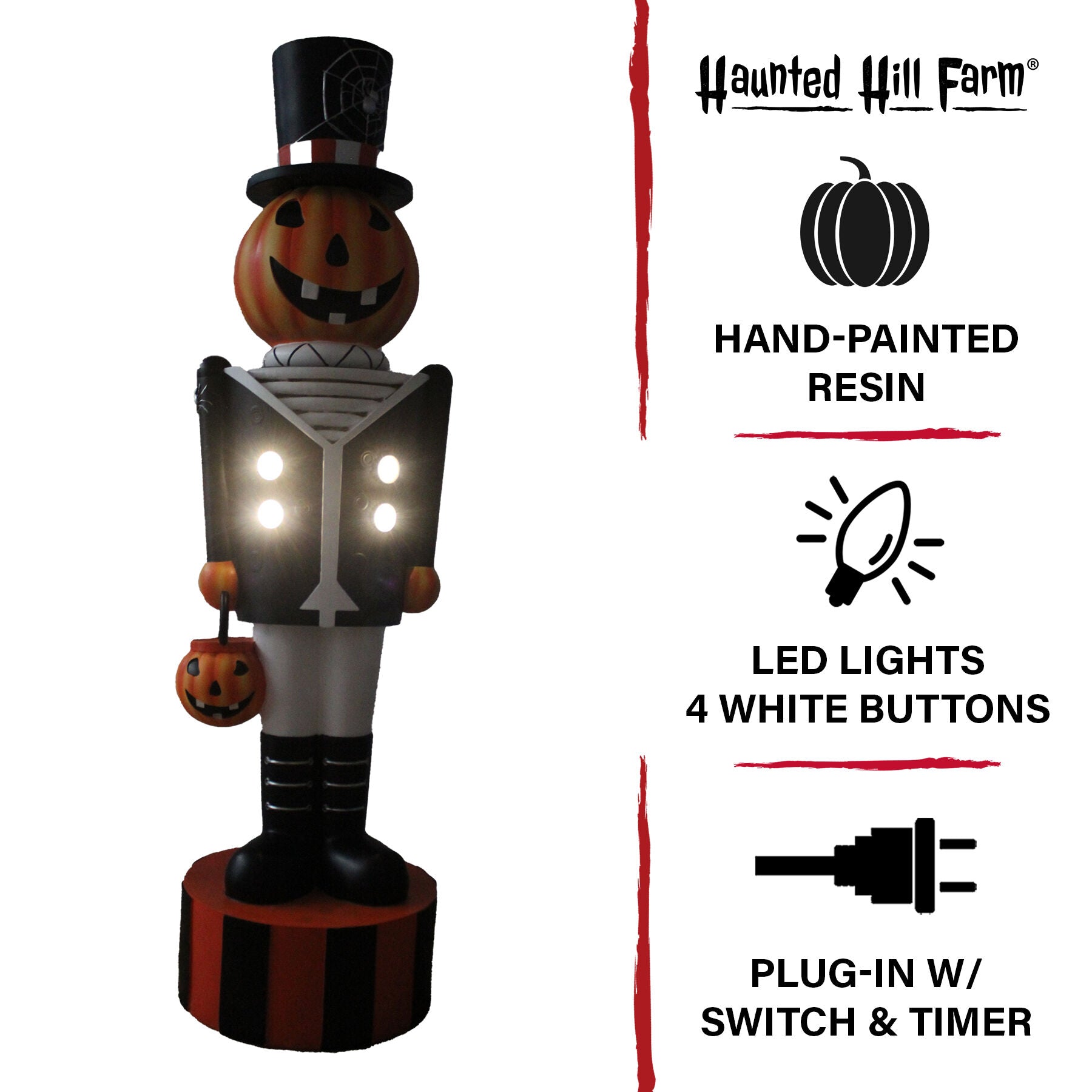 Haunted Hill Farm - 4-Ft. Jack-O-Lantern Nutcracker Prelit LED Resin Figurine, Indoor or Covered Outdoor Halloween Decoration, Plug-In - Multi