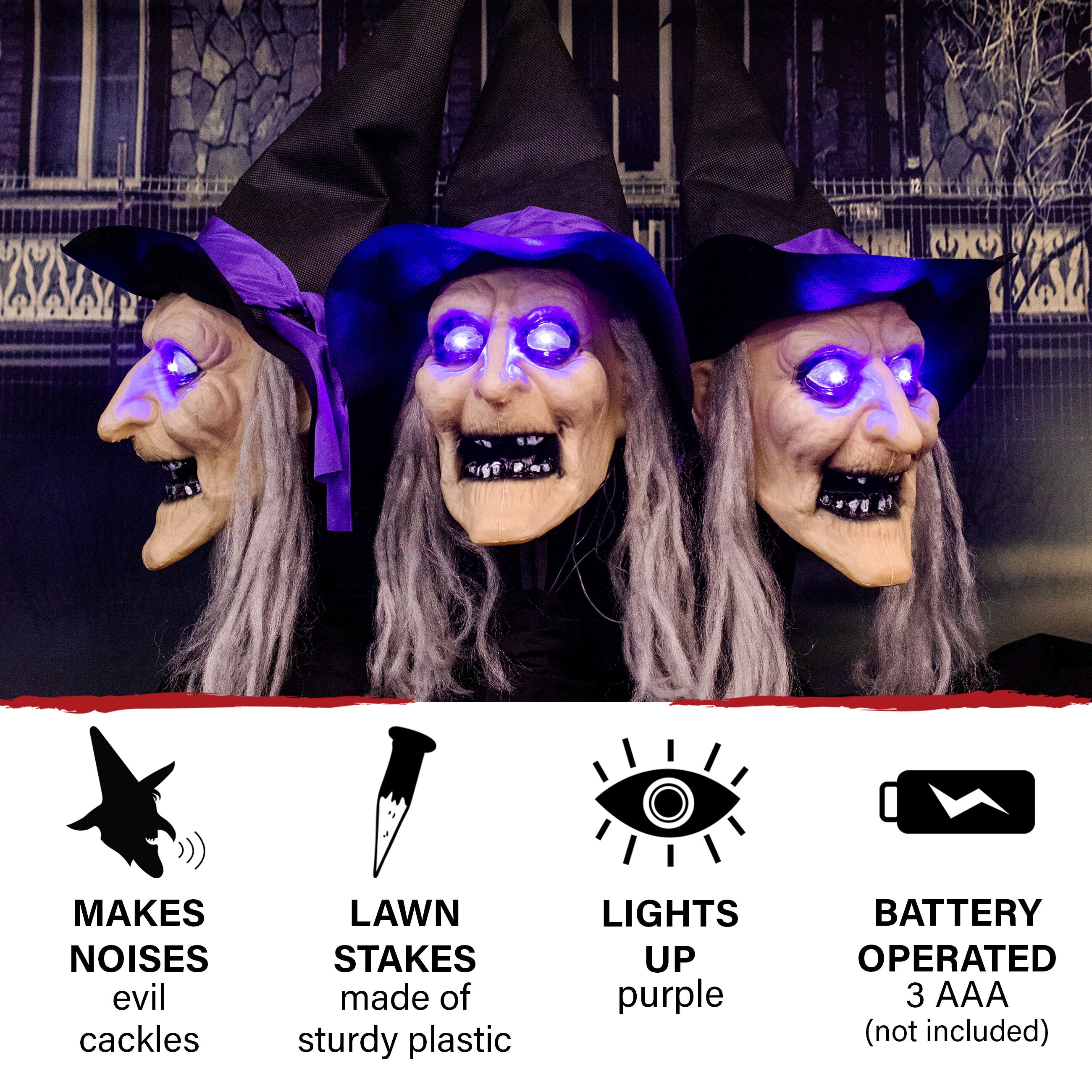 Haunted Hill Farm - 3-Piece Witch Lawn Stakes with Flashing Eyes and Spooky Sounds, Outdoor Halloween Decoration, Battery Operated - Multi