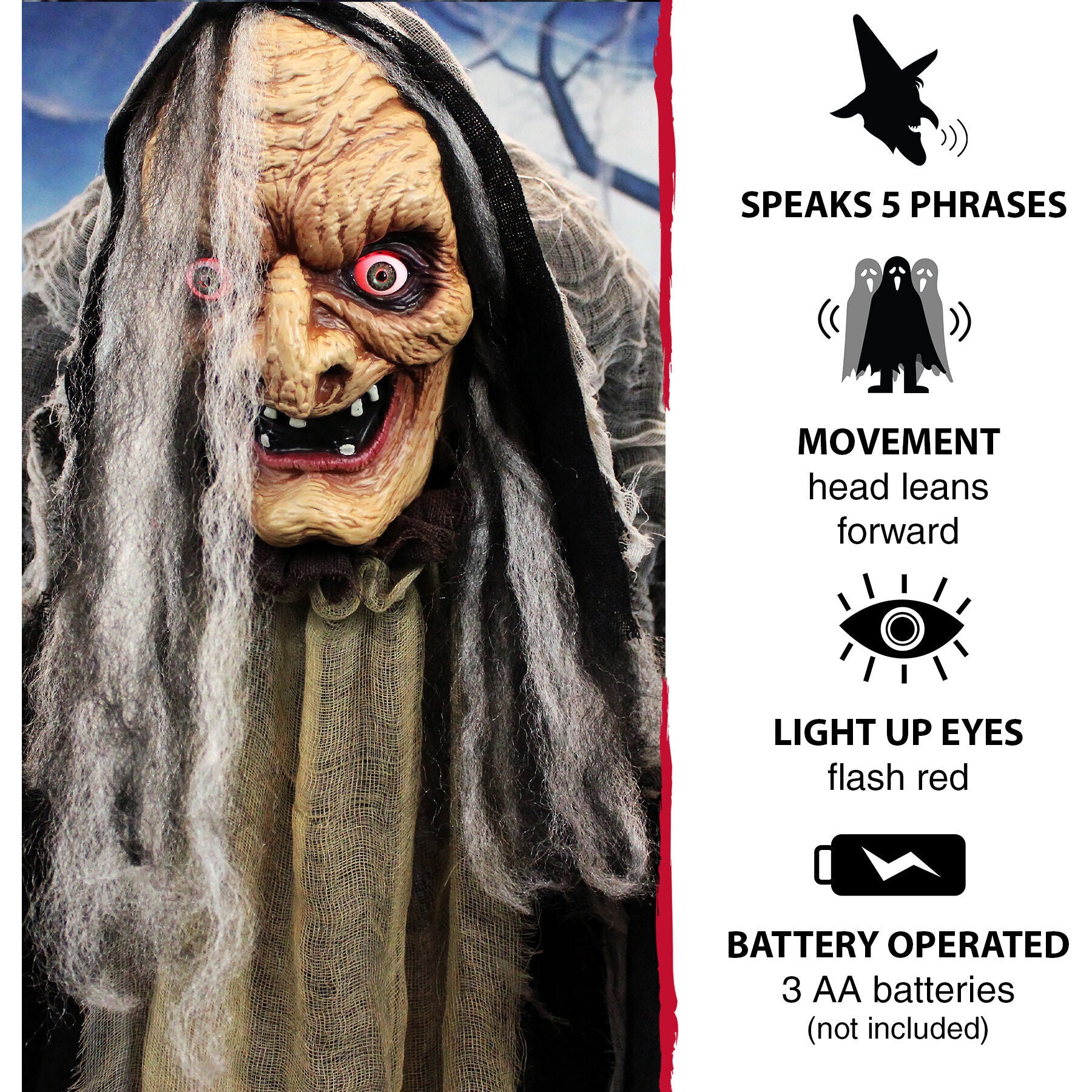 Haunted Hill Farm - Life Size Animatronic Witch, Indoor/Outdoor Halloween Decoration, Eyes Light Up Red, Poseable, Battery-Operated - Multi